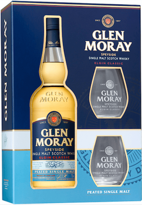 GLEN MORAY Single Malt Whisky Peated darčekové balenie s 2 pohármi